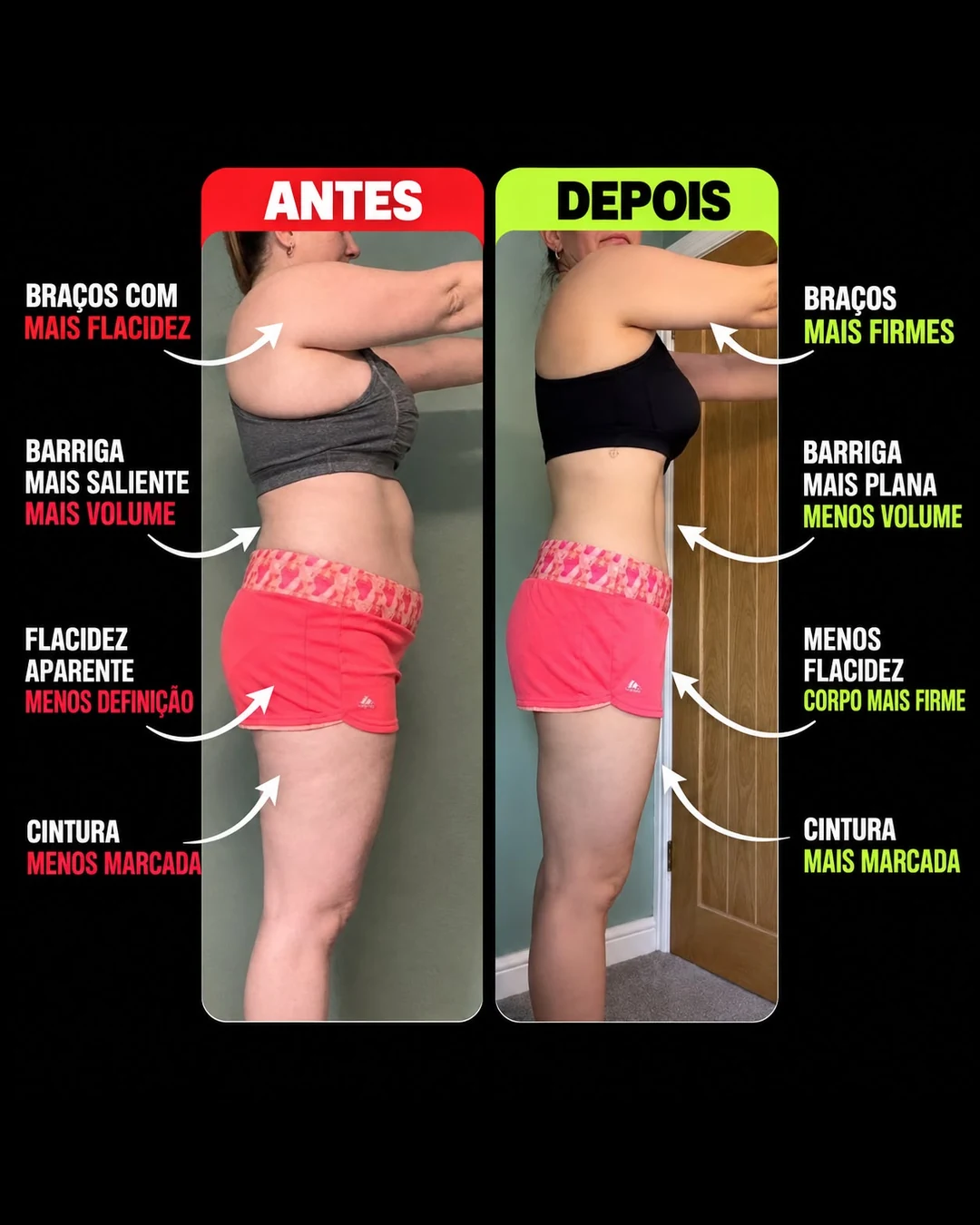 Aluna do Desafio Rapido Antiflacidez: comparativo antes e depois, com menos flacidez e cintura mais marcada