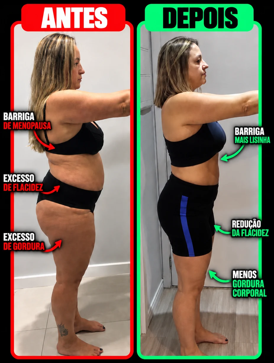 Aluna do desafio, antes e depois, em roupa de treino